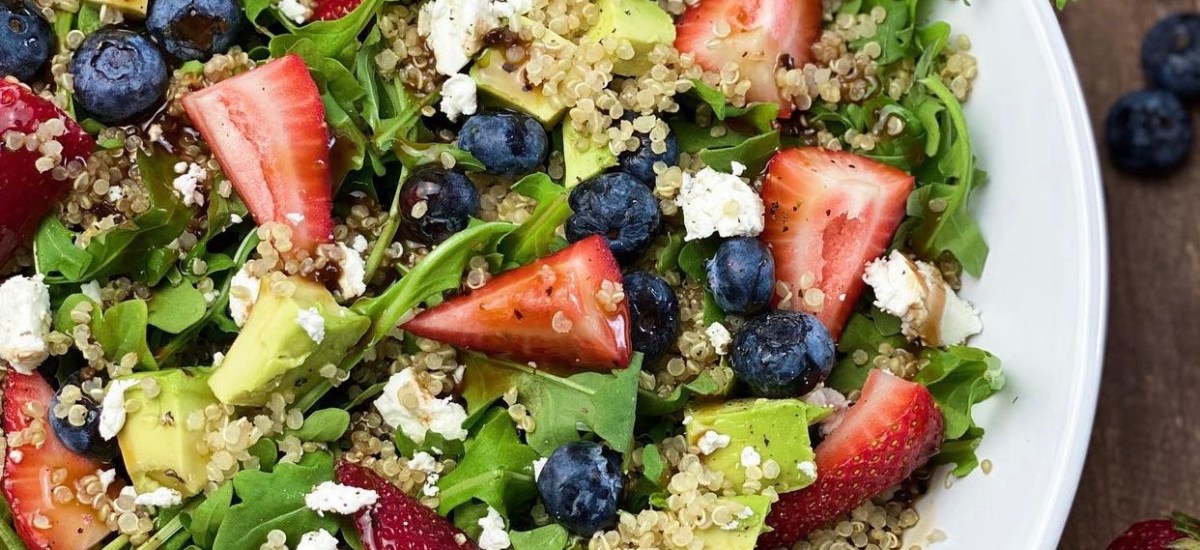 Berry Arugula Quinoa Salad With Avocados, Goat Cheese & Strawberry Balsamic Dressing