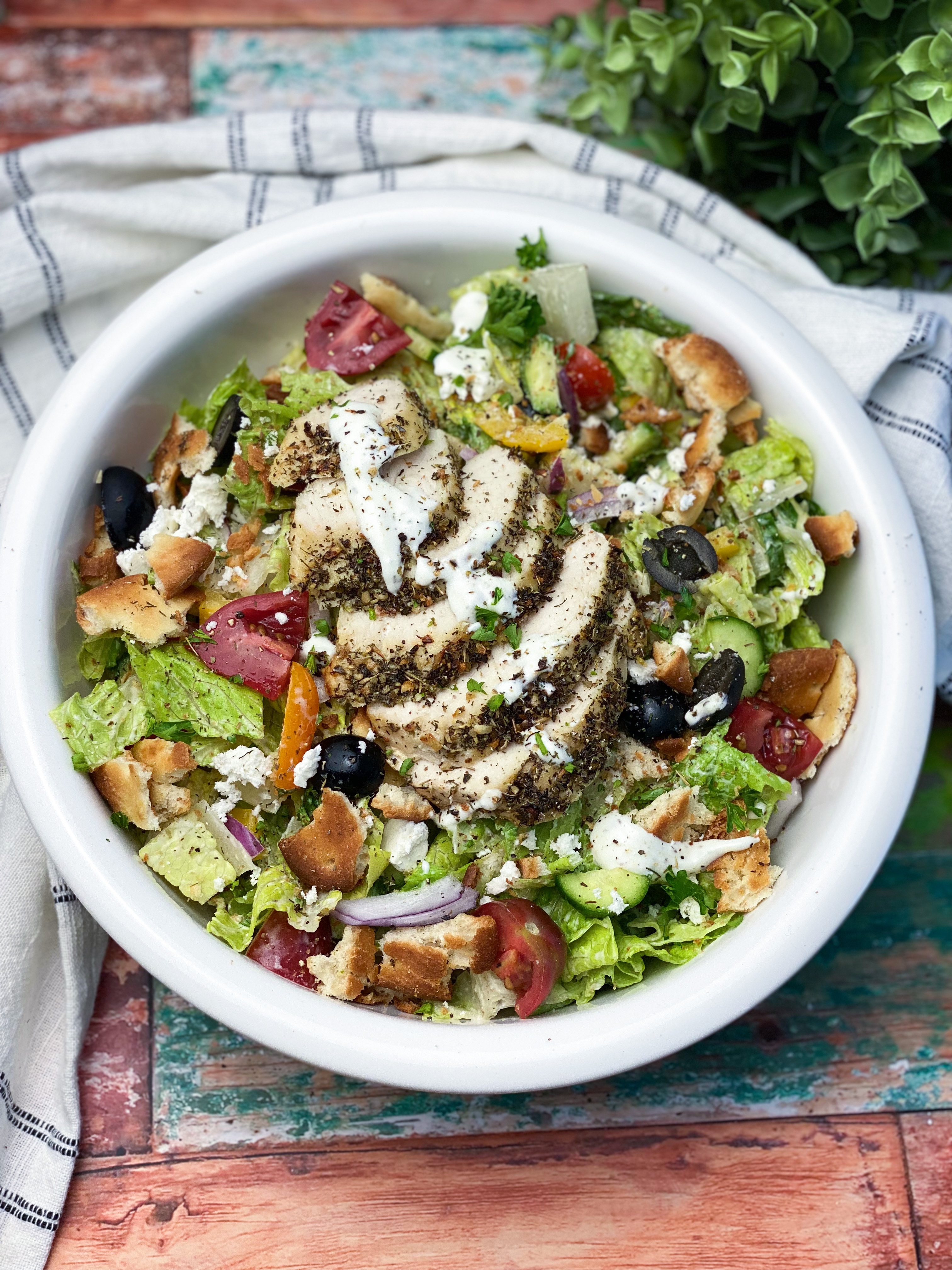 Greek Chicken Chop Salad With Herb Naan Croutons