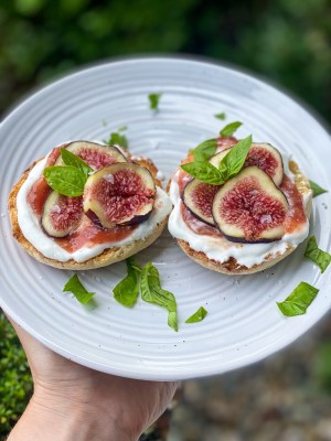 Toasted English Muffin With Whipped Cottage Cheese, Fig Jam, Fresh Sliced Figs And Fresh Basil