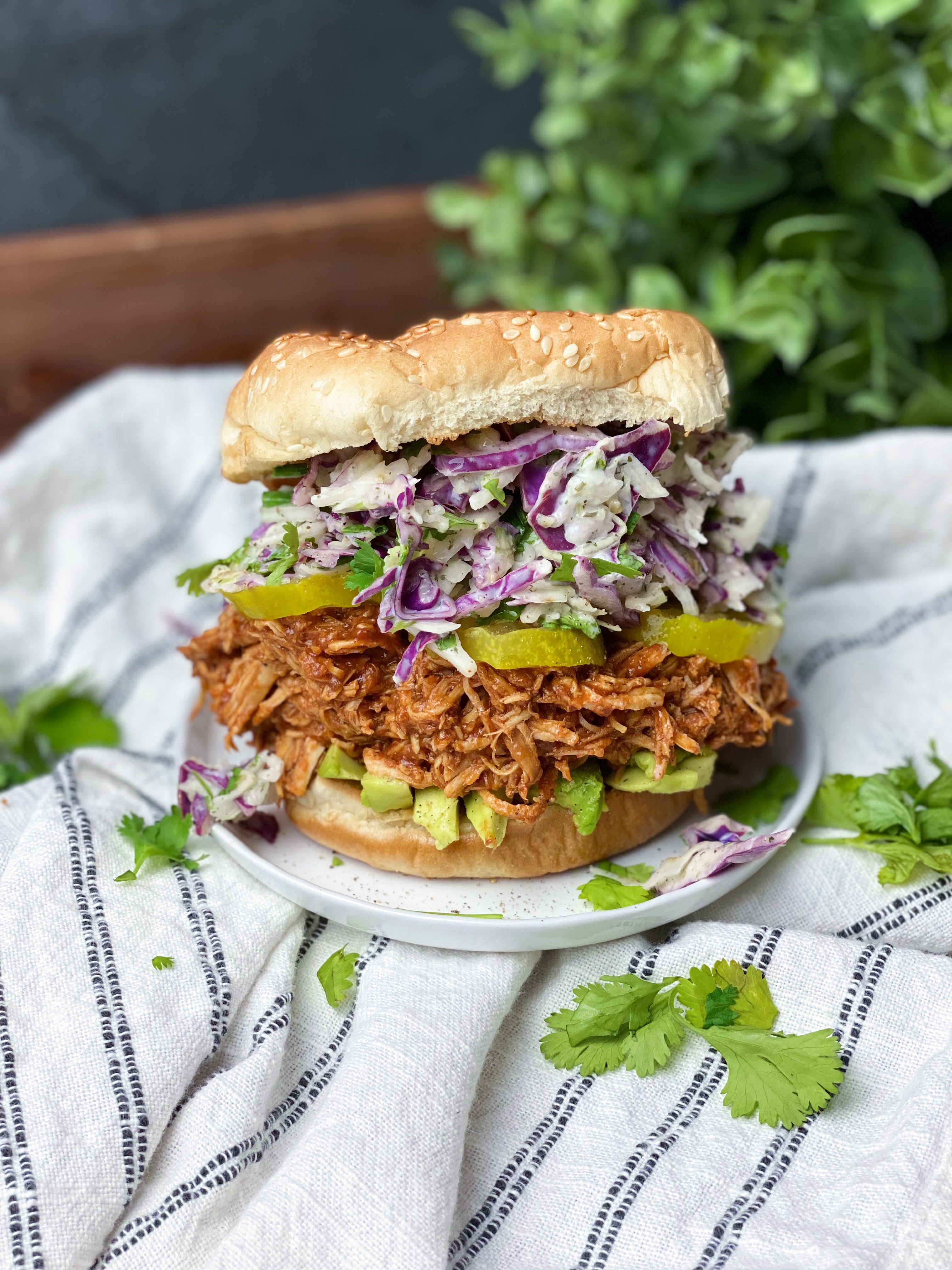 Spicy BBQ Pulled Chicken Sandwich With Creamy Ranch Slaw
