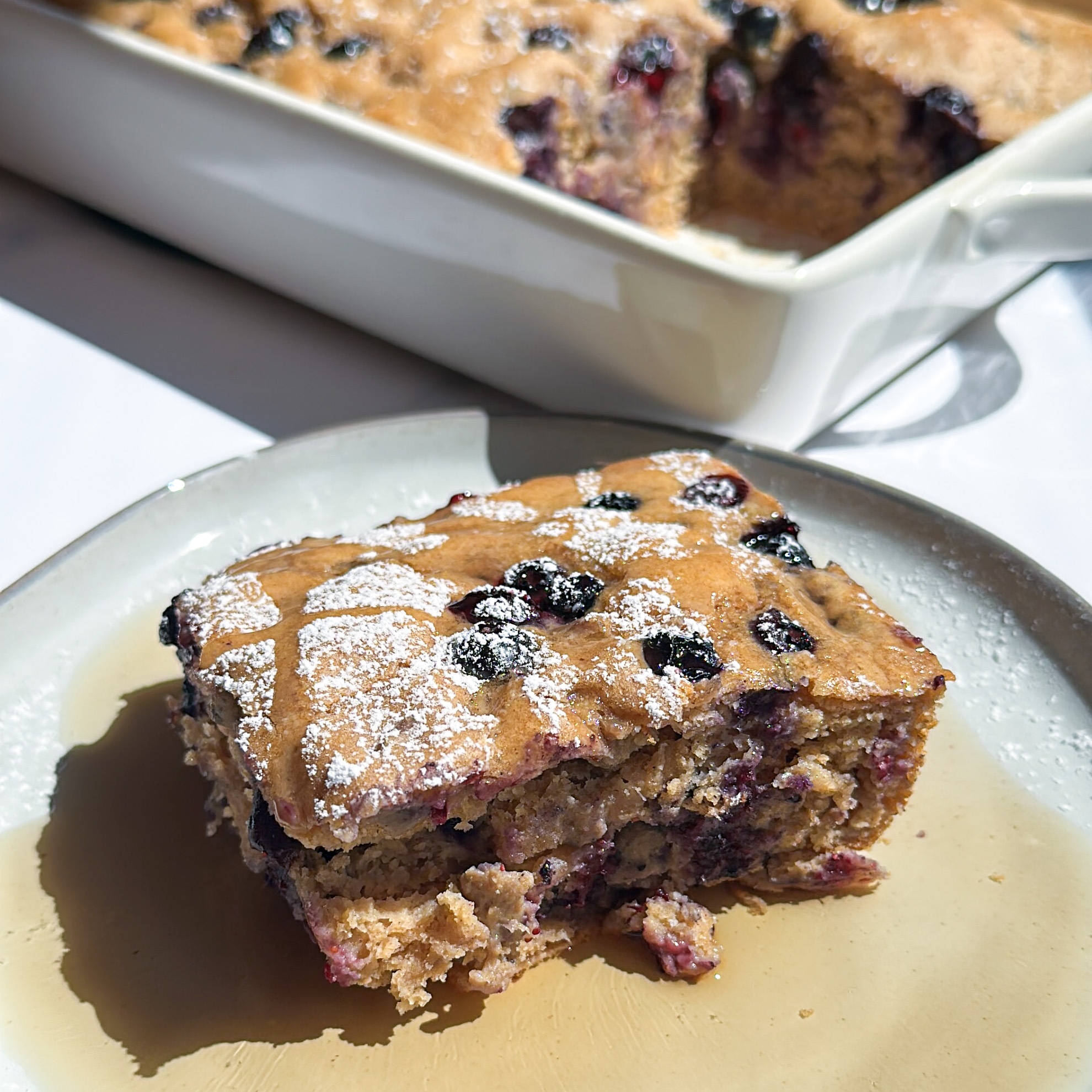Protein Pancake Bake with Sausage and Blueberries