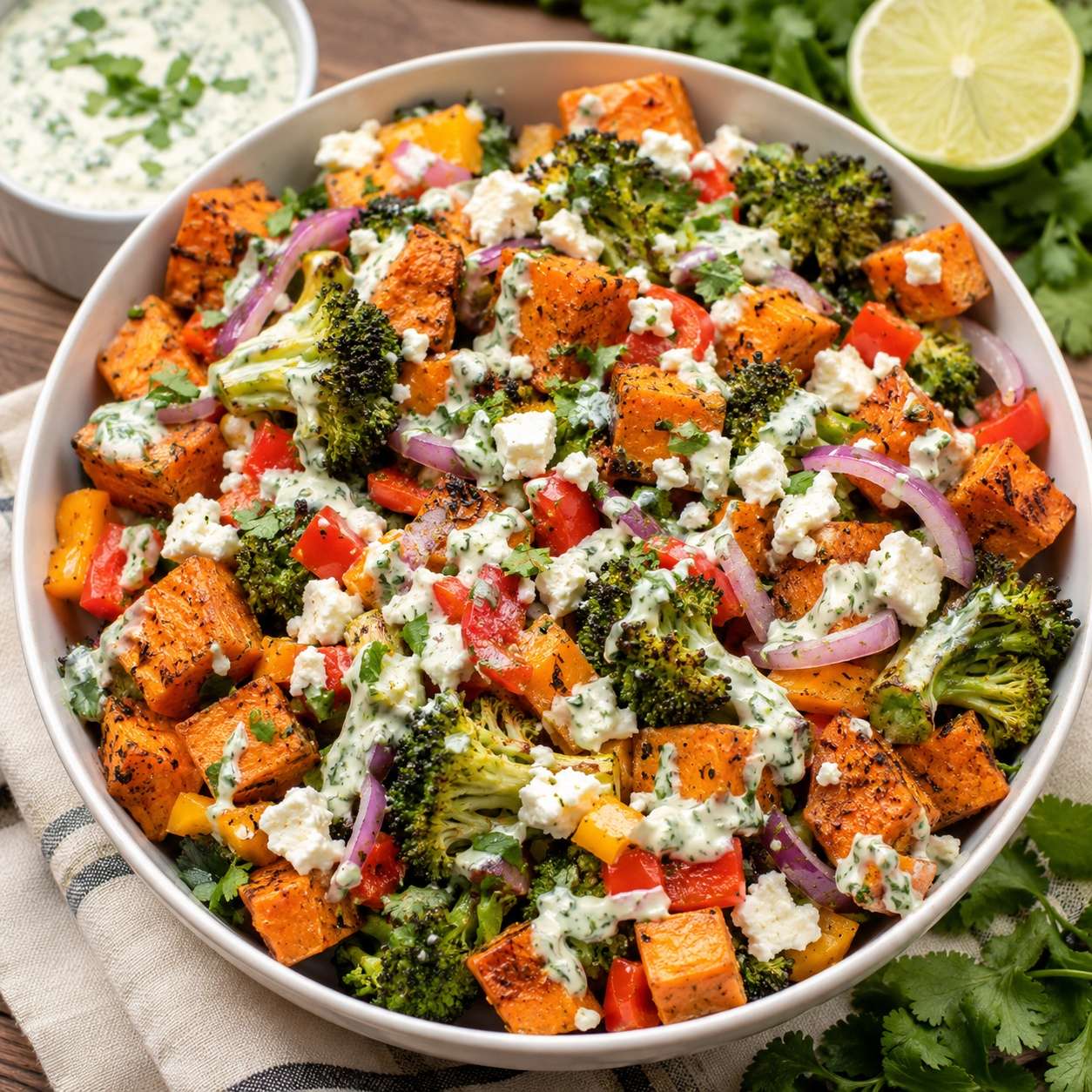 Roasted Sweet Potato & Broccoli Salad with Creamy Cilantro Lime Yogurt Dressing