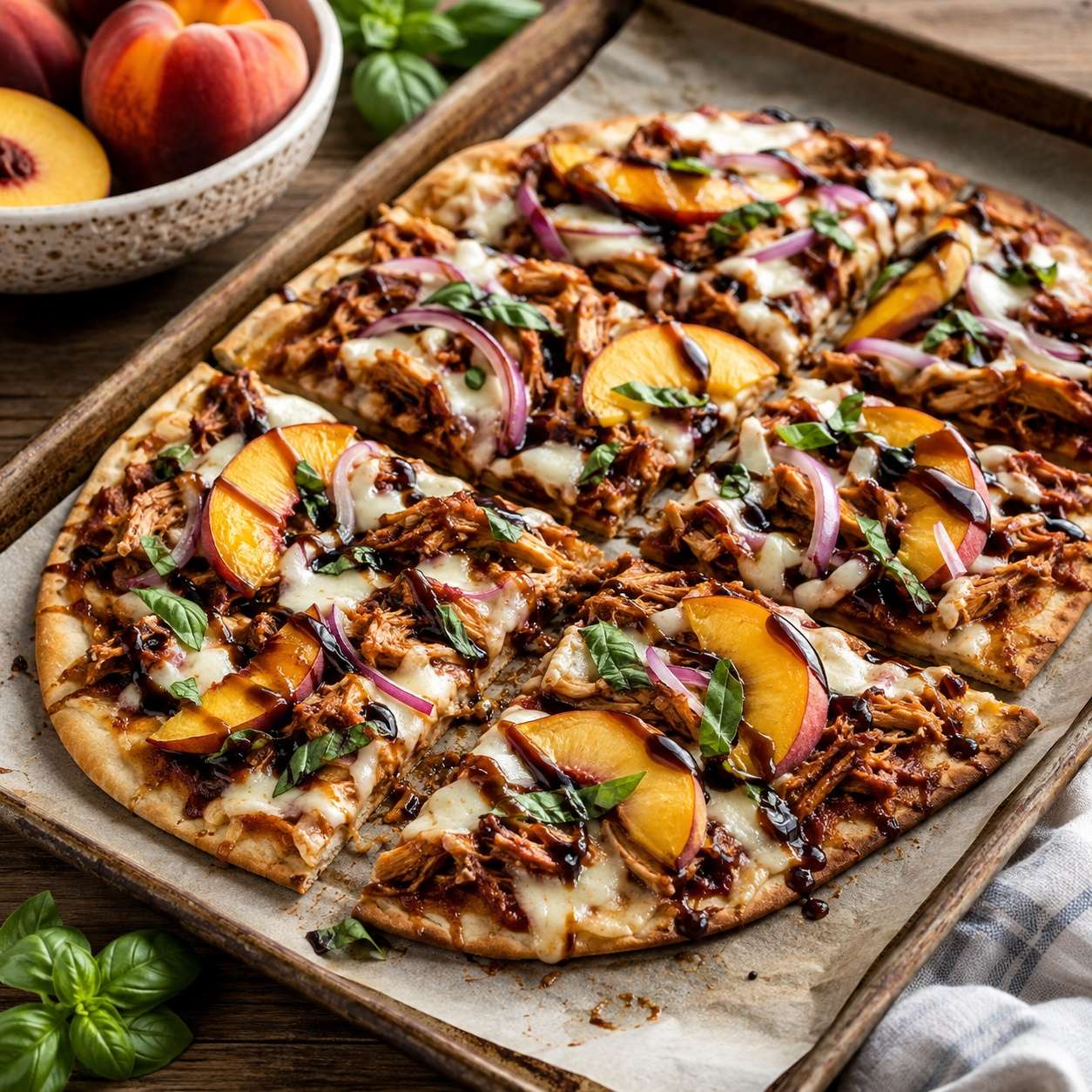 BBQ Chicken & Peach Sheet Pan Flatbread